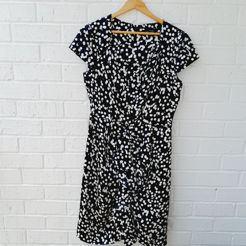 Rickie Freeman for Teri Jon Silk Dress Blk White Polka Dot Wedding Guest sz:10